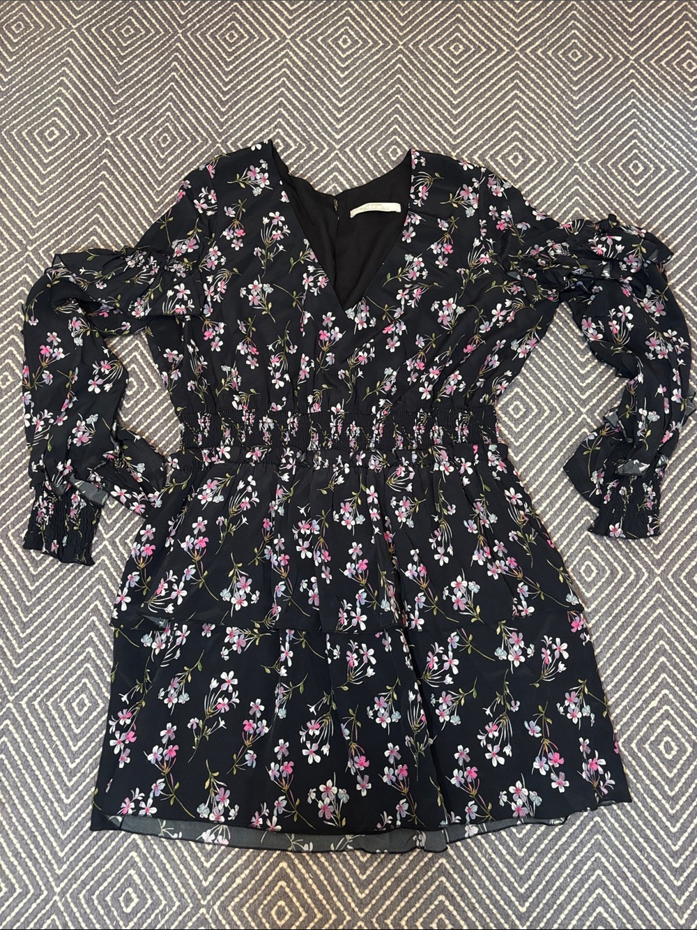 TALULAH Black Floral Mini Dress with Pink & White Blossoms